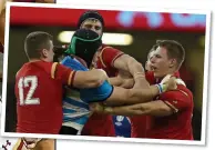  ??  ?? FEISTY STUFF: Gareth Davies scores (left) as Wales got to grips with Pumas