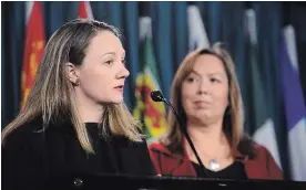  ?? SEAN KILPATRICK THE CANADIAN PRESS ?? Native Women’s Associatio­n president Francyne Joe, right, looks on as Sarah Kennell of Action Canada for Sexual Health and Rights reacts to UN recommenda­tions.