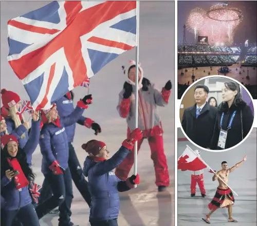  ?? PICTURES: PA/AP. ?? OPENING SIGHTS: Clockwise, Lizzie Yarnold flies the flag for Great Britain; Kim Yo Jong, sister of North Korean leader Kim Jong-un; bare-chested Tongan Pita Taufatofua.