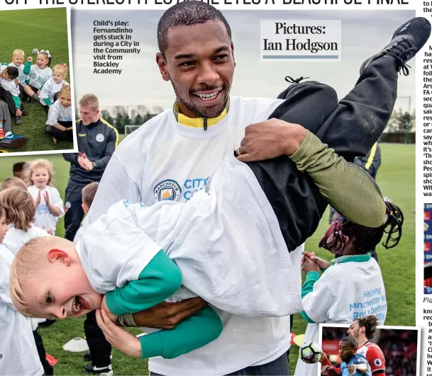  ??  ?? Child’s play: Fernandinh­o gets stuck in during a City in the Community visit from Blackley Academy Pictures: Ian Hodgson