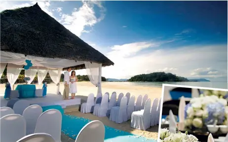  ??  ?? ESCAPE TO PARADISE From top: A beach wedding setup at Berjaya Langkawi Resort; a wedding table setup in the Manhattan Ballroom at Berjaya Times Square Hotel, Kuala Lumpur