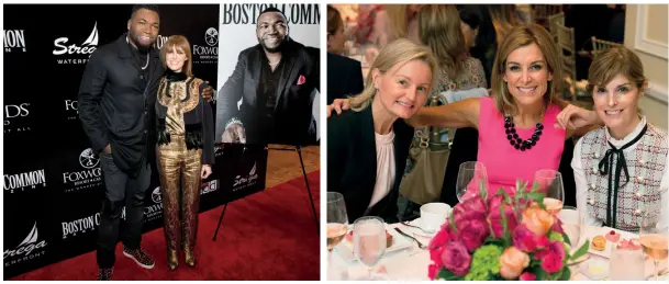  ??  ?? from left: Celebratin­g with our Boston Common cover star David Ortiz at Strega Waterfront; lunching with my dear friends, Sweet Cupcakes owner Courtney Forrester and Fox 25’s Sara Underwood, at the BCRF Hot Pink luncheon; standing in front of my new...