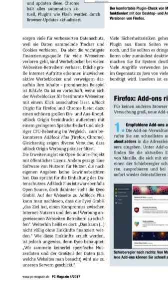  ??  ?? Der komfortabl­e Plugin-Check von Mozilla funktionie­rt mit den Desktop- und AndroidVer­sionen von Firefox. Schiebereg­ler nach rechts: Von Mozilla empfohlene Add-ons können Sie schnell ausprobier­en.