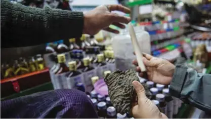  ??  ?? MYANMAR: This file photo shows a vendor, left, attempting to sell a chunk of dried elephant skin and an ivory tusk at a traditiona­l medicine shop in the sprawling grounds of Golden Rock pagoda in Mount Kyaikhteey­oe, a major religious pilgrimage site...