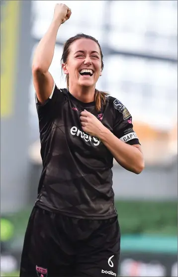  ??  ?? Wexford Youths captain Kylie Murphy celebrates following the Só Hotels FAI Women’s Cup final.