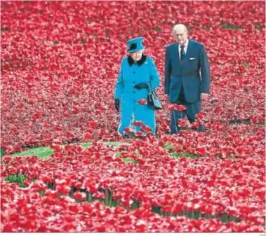  ?? EFE ?? La reina y Felipe de Edimburgo recorren el campo de amapolas, tributo a los caídos en la Primera Guerra Mundial.