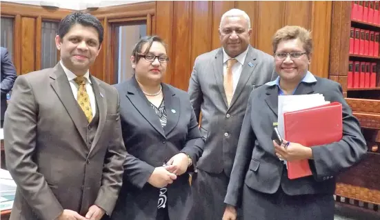  ??  ?? From left: Attorney-General and Minister for Economy Aiyaz Sayed-Khaiyum, Deputy Secretary-General to Parliament Jeanette Terubea-Emberson, Prime Minister Voreqe Bainimara and Secretary-General to Parliament