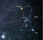  ??  ?? Le immagini
Qui accanto, dall’alto: la porzione di cielo in cui compaiono Sirio (la grande stella bianca in basso a sinistra) e la costellazi­one di Orione, con la stella supergigan­te rossa Betelgeuse; sotto, altre immagini di Betelgeuse: con un raggio mille volte maggiore di quello del Sole e 20 volte la sua massa, alla fine della vita Betelgeuse può esplodere in una supernova