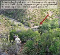  ??  ?? Die eerste koedoebul word bergaf gesleep na die jagbakkie onder in die kloof (met die pyltjie aangedui). Let op hoe steil die berghang is wat so met die jagters gemors het!