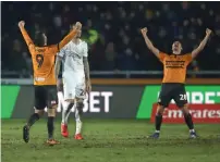  ?? AFP ?? Newport County’s Padraig Amond (left) and Mickey Demetriou celebrates victory against Middlesbro­ugh. —