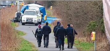  ?? ?? SEARCH: A Garda team at the crime scene at the Grand Canal in Tullamore, Co. Offaly