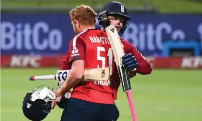  ??  ?? England’s Sam Curran (right) and Jonny Bairstow celebrate victory in the first T20 internatio­nal in South Africa last November. Photograph: Rodger Bosch/AFP/Getty Images