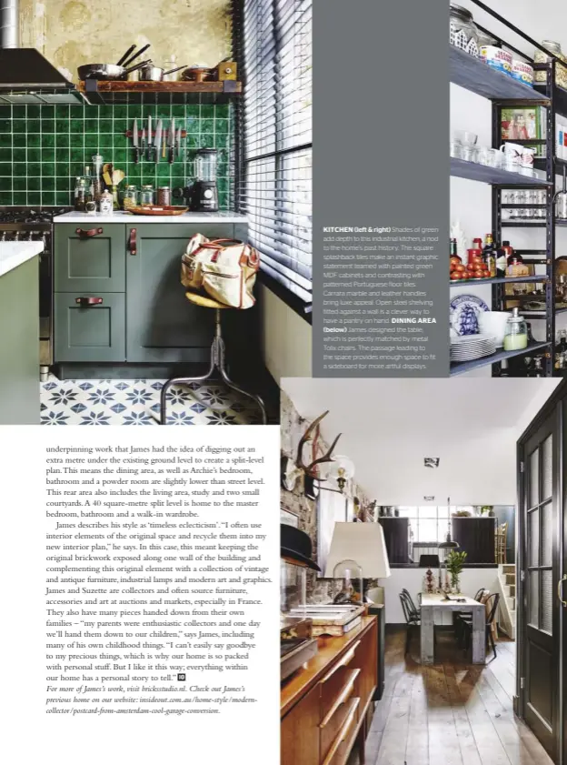  ??  ?? KITCHEN (left & right) Shades of green add depth to this industrial kitchen, a nod to the home’s past history. The square splashback tiles make an instant graphic statement teamed with painted green MDF cabinets and contrastin­g with patterned...