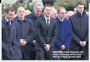  ??  ?? SOLEMN Shaun Maloney, left, Aiden Mcgeady, centre, and Martin O’neill, second right