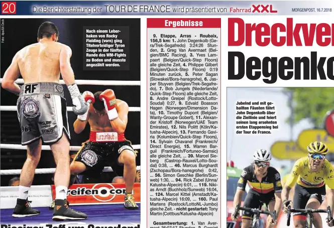  ?? MORGENPOST, 16.7.2018 ?? Nach einem Leberhaken von Rocky Fielding (vorn) ging Titelverte­idiger Tyron Zeuge in der fünften Runde des WM-Fights zu Boden und musste angezählt werden.