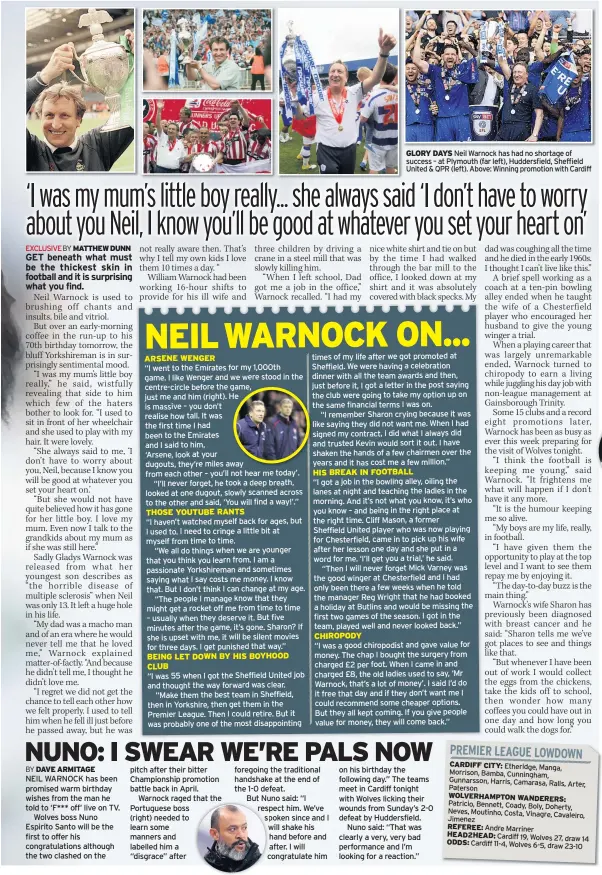  ??  ?? BEING LET DOWN BY HIS BOYHOOD CLUB CHIROPODYG­LORY DAYS Neil Warnock has had no shortage of success – at Plymouth (far left), Huddersfie­ld, Sheffield United &amp; QPR (left). Above: Winning promotion with Cardiff HIS BREAK IN FOOTBALL