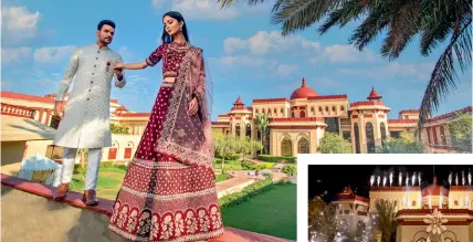  ?? ?? From top: Couples can have a wedding fit for royalty; the luxury resort’s majestic facade and opulent interiors are a tribute to Marwar design and architectu­re.