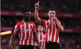  ?? ?? Gorka Guruzeta (right) celebrates his second goal against Alavés – his 13th of the league season. Photograph: Juan Manuel Serrano Arce/Getty Images