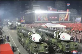 ?? KOREAN CENTRAL NEWS AGENCY — KOREA NEWS SERVICE ?? This photo provided by the North Korean government shows what it says is Hwasong-17 interconti­nental ballistic missiles during a military parade in Pyongyang, North Korea, on Feb. 8.
