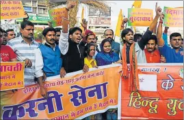  ?? IANS ?? Rashtriya Rajput Karni Sena activists protest against the film in Ranchi on Saturday.