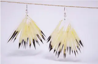  ??  ?? Glam Fan Earrings, made from resin and porcupine quills by Tashina Lee Emery (Keweenaw Ojibwe) featured in Episode 6 of Rutherford Falls