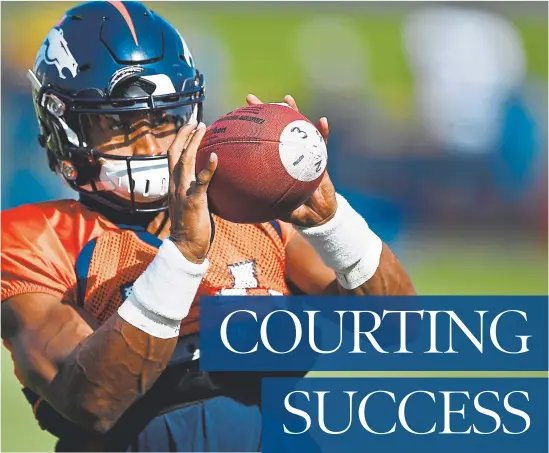  ?? Andy Cross, The Denver Post ?? Broncos rookie wide receiver Courtland Sutton makes a catch during training camp at Dove Valley on Saturday.