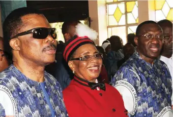  ?? PHOTO CREDIT: ABIODUN AJALA ?? L-R : Anambra State Governor, Chief Willie Obiano; former governor of the state, Lady Virgy Etiaba and Senator Andy Uba, at the funeral service for the late Pa Godfrey Egbuniwe Okwuosa at St. Jude Anglican Church, Oraifite, Anambra State...recently