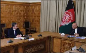  ?? (AP/Afghan Presidenti­al Palace) ?? “The partnershi­p is changing, but the partnershi­p itself is enduring,” U.S. Secretary of State Antony Blinken (left) told Afghan President Ashraf Ghani in a Kabul meeting Thursday seeking to assure Ghani of the U.S. commitment to Afghanista­n.