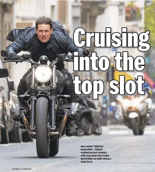  ?? CHIABELLA JAMES/AP ?? Buzz about “Mission: Impossible – Fallout” cranked up last summer with news that Tom Cruise had broken an ankle doing a stunt for it.