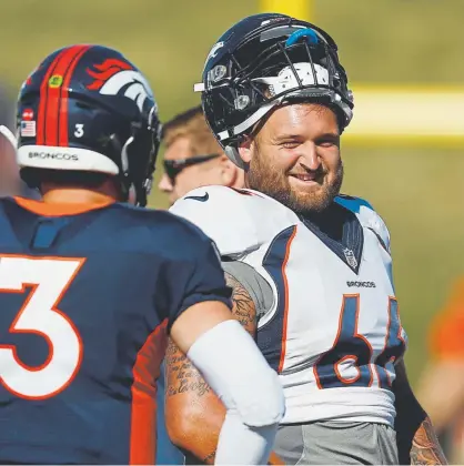  ?? David Zalubowski, The Associated Press ?? Broncos offensive tackle Dalton Risner (66) finds some time for levity during a break in drills at training camp, but those close to him say his intensity rarely dissipates.