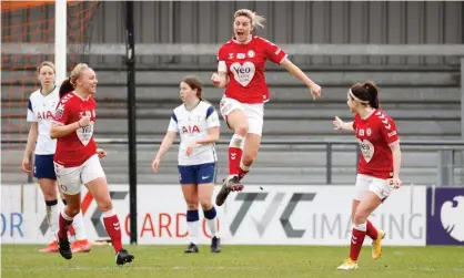  ?? Photograph: John Sibley/Action Images/Reuters ?? Gemma Evans celebrates the goal that lifts Bristol City above West Ham at the bottom of the Women’s Super League.