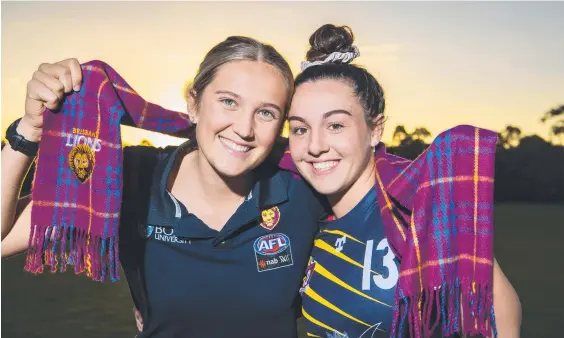  ??  ?? Brisbane Lions’ Taylor Smith (left) and best friend, Bond player Georgia Brehmer, are off to Adelaide for the AFLW Grand Final. Picture: Cavan Flynn