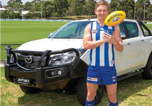  ?? PHOTOS: CONTRIBUTE­D ?? A LIFE WITH CARS: North Melbourne’s Jack Ziebell with his Mazda BT-50 (above). The AFL star’s first car was a 2003 Ford BA Falcon (top); the family had old 4x4s while Jack was growing up, such as this Range Rover (centre); while his dream car is a...