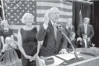  ?? Travis Heying/Wichita Eagle/TNS ?? U.S. Sen. Pat Roberts addresses a cheering crowd at the Capitol Plaza Hotel in Topeka, Kan., after he was declared the winner over independen­t Greg Orman on Nov. 4, 2014.