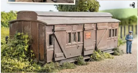  ??  ?? Left: This grounded coach body makes for an excellent cameo; it’s an ancient K’s tooling of a GWR coach, with plastic card doors and roof.