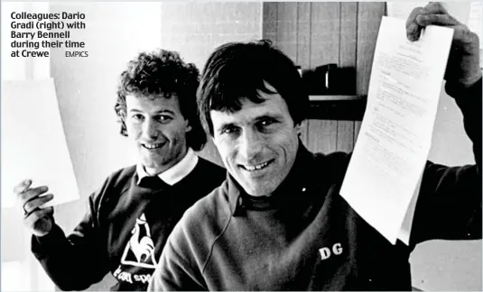  ??  ?? Colleagues: Dario Gradi (right) with Barry Bennell during their time at Crewe EMPICS