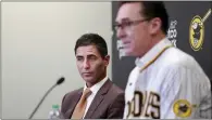  ?? K.C. Alfred
/The San Diego Union-tribune ?? Padres general manager A. J. Preller (left) looks on as Bob Melvin speaks at a news conference where he was introduced as the Padres manager at Petco Park on Nov. 1 in San Diego.