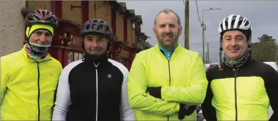  ??  ?? Taking part in the charity cycle starting from Corcorans bar Irishtown for two St Kearns rowing club members who will be cycling from Paris to Lourdes, were: Kevin Lyng, New Ross; Fergus Kent, Campile; Seamus Doyle, Listerlin and Jamie Cullen, New Ross.