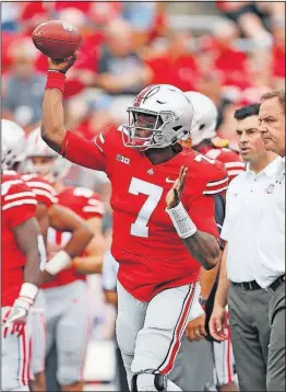  ?? [ADAM CAIRNS/DISPATCH] ?? Dwayne Haskins completed 4 of 4 passes in his season debut against Army, but coach Urban Meyer says the coaches are still figuring out the backup quarterbac­k pecking order.