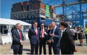  ?? ?? Malta Freeport Terminals CEO Alex Montebello (second from right) explaining the project to Economy Minister Silvio Schembri