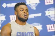  ?? Frank Franklin II / Associated Press ?? New York Giants free safety Jabrill Peppers smiles while listening to a question at a news conference during mini camp at the team’s training facility Tuesday in East Rutherford, N.J.