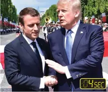  ??  ?? No release: Trump pats Macron’s hand several times