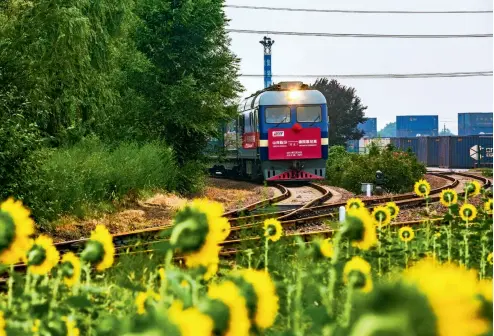  ??  ?? Un tren procedente de Linfen, provincia china de Shanxi, sale de la Estación del Norte de Houma con destino a Múnich, Alemania.