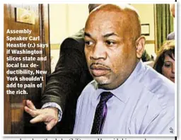  ??  ?? Assembly Speaker Carl Heastie (r.) says if Washington slices state and local tax deductibil­ity, New York shouldn’t add to pain of the rich.
