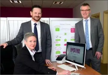  ??  ?? Thomas McEvoy, Head of Enterprise in Louth is pictured here announcing the LEO Louth 2016 results with Allison Cooney and Joe Molloy of Sync IT at their Virtual IT Department HQ in Dundalk.