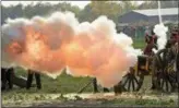  ?? AP PHOTO/JENS MEYER ?? Troops fight during the reconstruc­tion of the Battle of the Nations at the 205th anniversar­y near Leipzig, Germany, Saturday, Oct. 20, 2018. The Battle of Leipzig or Battle of the Nations, on 16–19 October 1813, was fought by the coalition armies of Russia, Prussia, Austria and Sweden against the French army of Napoleon. The battle decided that Napoleon had to retreat to France, the beginning of his downfall.