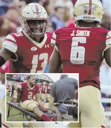  ?? AP PHOTOS ?? VICTORY AT A PRICE: Anthony Brown (13) celebrates after throwing a touchdown pass to Jeff Smith (6), and AJ Dillon (inset) is treated for a left leg injury during Boston College’s 45-35 win against Temple yesterday at Alumni Stadium.
