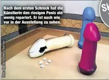  ??  ?? Nach dem ersten Schreck hat die Künstlerin den riesigen Penis ein wenig repariert. Er ist nach wie vor in der Ausstellun­g zu sehen.