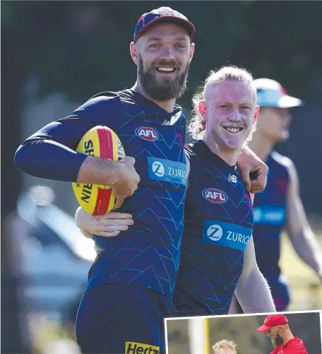  ?? ?? Melbourne captain Max Gawn and Clayton Oliver in happier times at Demons training. The star midfielder is still absent from the club dealing with personal issues. Main picture: Michael Klein