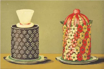  ??  ?? ‘Truffled not wisely but too well’: plates from contempora­ry cookbooks described towering croquembou­che puddings, left, and baroque cold cuts, far right